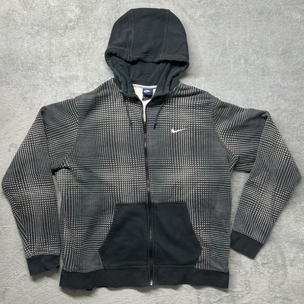 Nike Mens XXL Full Zip Hoodie Black White Geometric Grid Print Fleece Sweatshirt